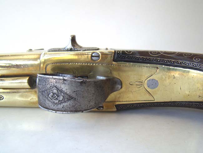 A Magnificent Brass Double Barreled Flintlock Pistol with Silver Inlays by John Parkes of London circa 1770. — image 7